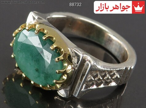 انگشتر نقره زمرد زامبیا تاج برنجی الماس تراش مردانه دست ساز - 88732