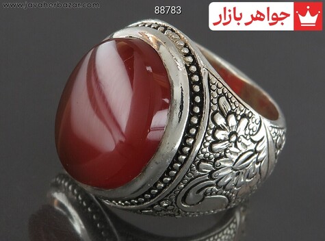 انگشتر نقره عقیق یمنی درشت قلم زنی فاخر مردانه دست ساز - 88783