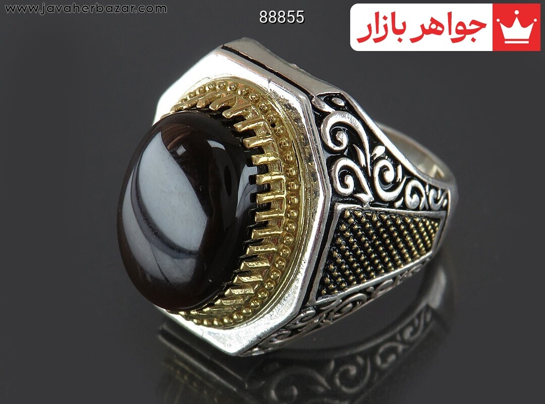 انگشتر نقره عقیق یمن جزع طرح تاج برنجی مردانه
