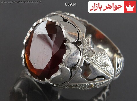 انگشتر نقره گارنت الماس تراش و برلیان اصل مردانه - 88934