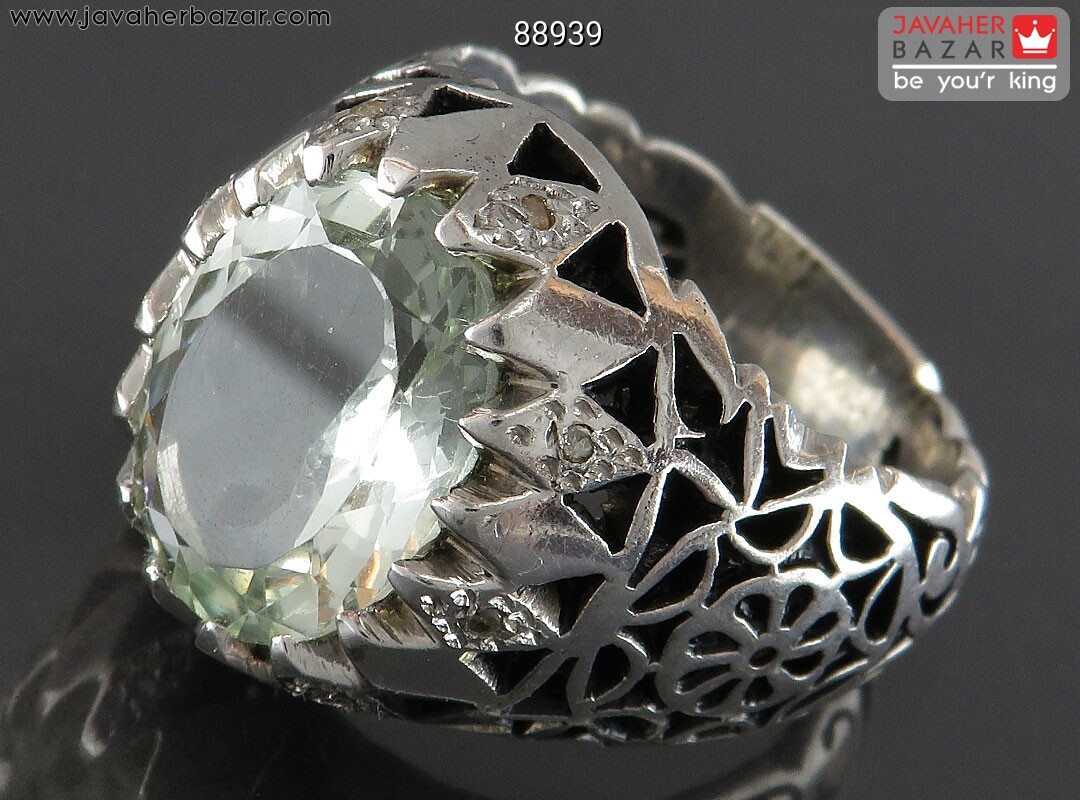 انگشتر نقره آکوامارین الماس تراش فاخر مردانه دست ساز با برلیان اصل