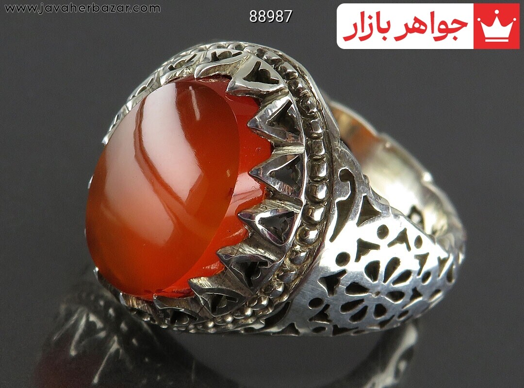 انگشتر نقره عقیق یمنی نارنجی شبکه کاری شیک مردانه دست ساز