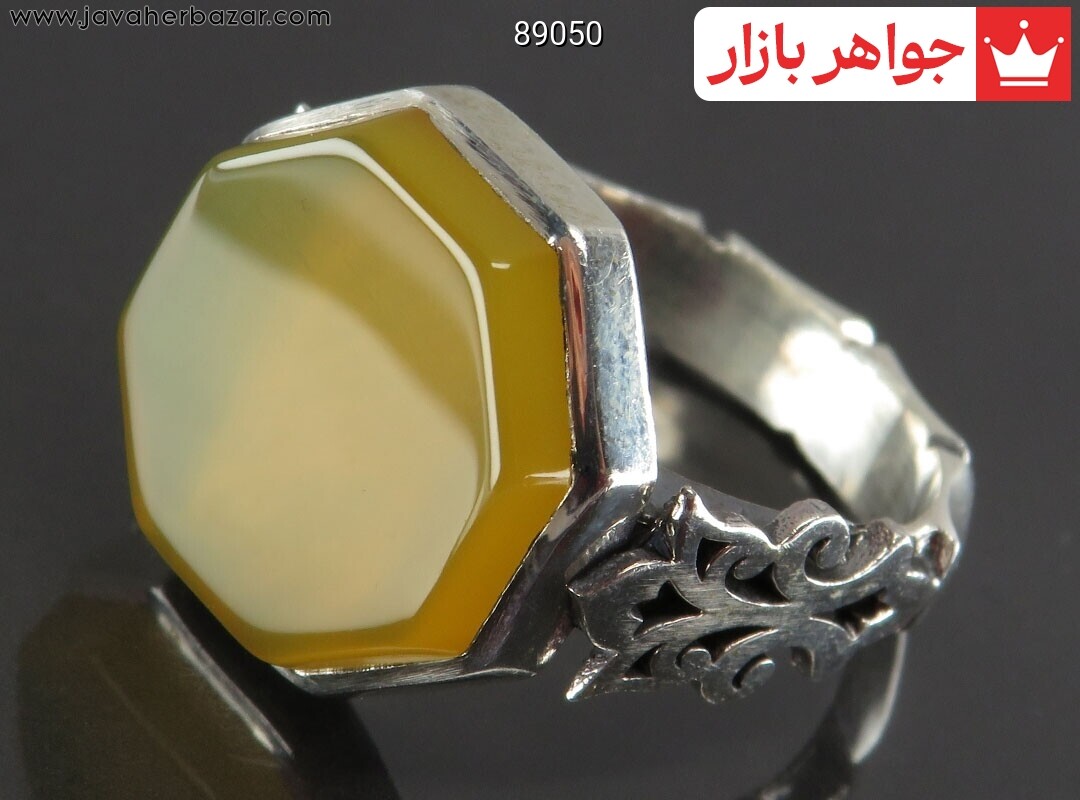 انگشتر نقره عقیق زرد هشت ضلعی مردانه به همراه حرز امام جواد