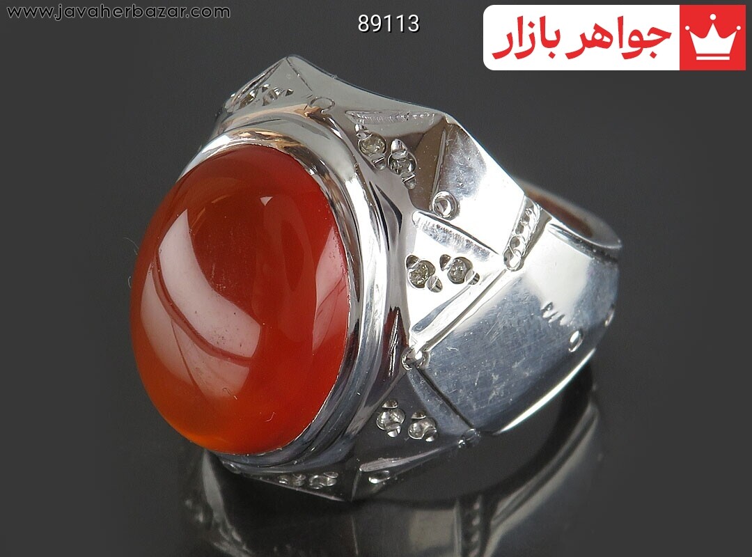 انگشتر نقره عقیق یمنی نارنجی مردانه دست ساز با برلیان اصل