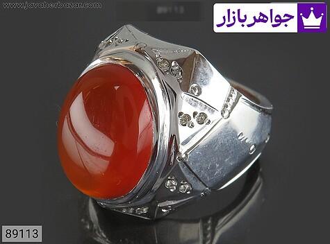 انگشتر نقره عقیق یمنی نارنجی مردانه دست ساز با برلیان اصل - 89113