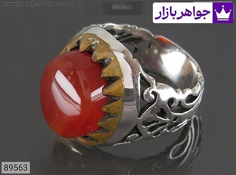 انگشتر نقره عقیق یمنی قرمز مردانه تاج برنجی - 89563