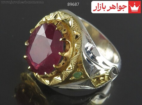 انگشتر نقره یاقوت آفریقایی قرمز الماس تراش مخراج کاری زمرد مردانه دست ساز - 89687