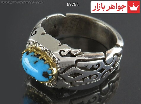 انگشتر نقره فیروزه نیشابوری زیبا مردانه دست ساز با برلیان اصل