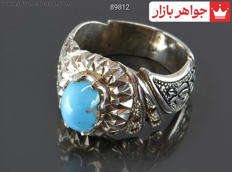 انگشتر نقره فیروزه نیشابوری بی نظیر و برلیان اصل مردانه - 89812