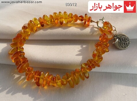 دستبند سنگی کهربا تراش نامنظم آویز نقره زنانه - 89912