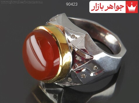 انگشتر نقره عقیق یمنی نارنجی اشرافی مردانه دست ساز با برلیان اصل - 90423