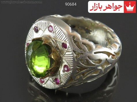 انگشتر نقره یاقوت و زبرجد بی نظیر مردانه دست ساز - 90684