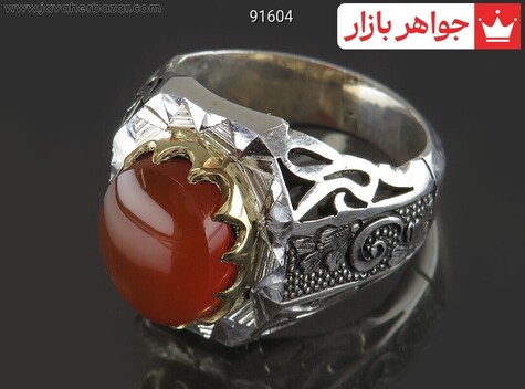 انگشتر نقره عقیق یمنی نارنجی اشرافی مردانه دست ساز - 91604