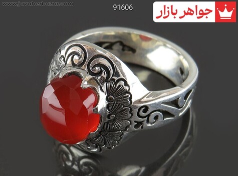 انگشتر نقره عقیق یمنی قرمز فاخر مردانه - 91606