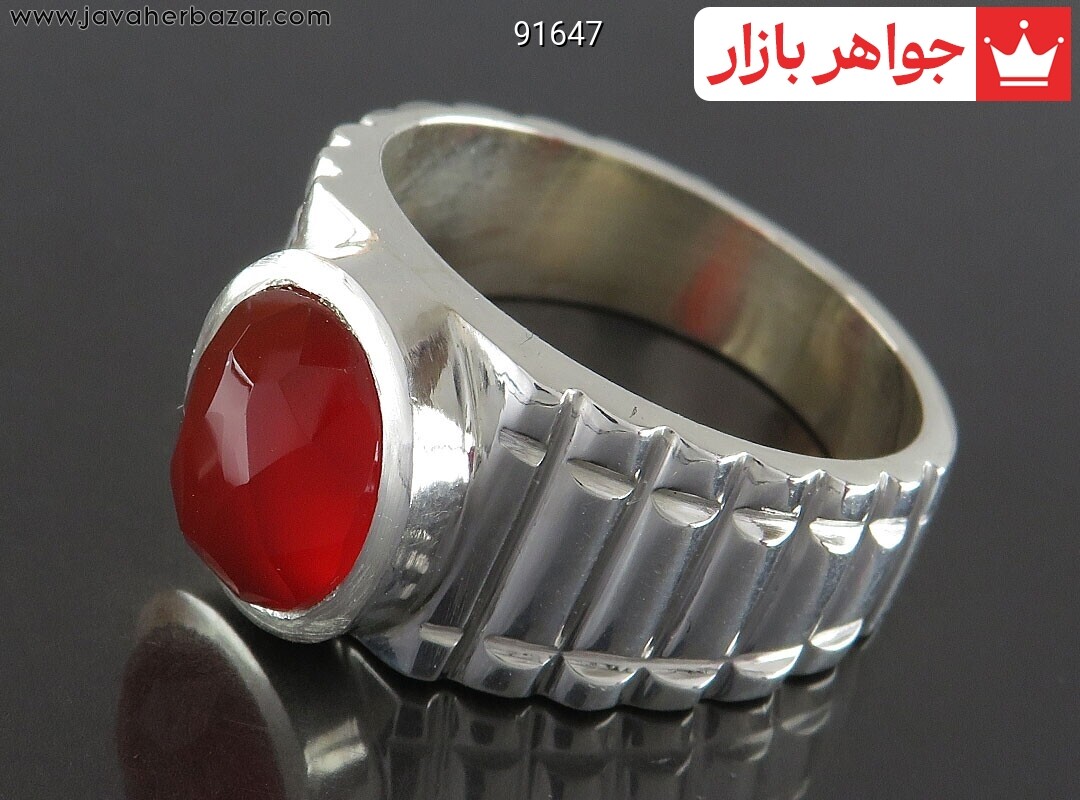 انگشتر نقره عقیق یمنی قرمز الماس تراش شیک مردانه دست ساز