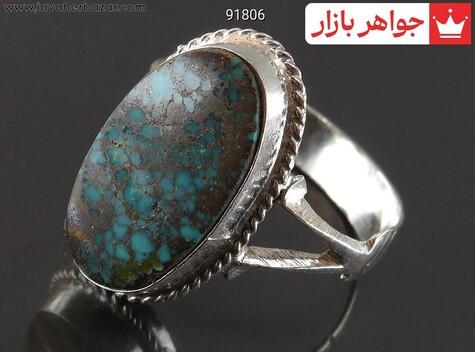 انگشتر نقره فیروزه نیشابوری کشیده شجری مردانه دست ساز - 91806