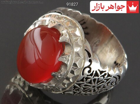 انگشتر نقره عقیق یمنی قرمز شبکه کاری مردانه دست ساز - 91827