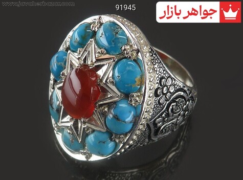 انگشتر نقره فیروزه نیشابوری و عقیق یمنی اشرافی مردانه دست ساز - 91945