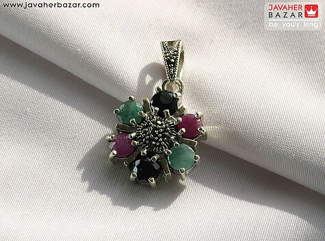 گردنبند نقره یاقوت و زمرد طرح شکفته - 92110
