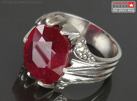 انگشتر نقره یاقوت قرمز سرخ الماس تراش مردانه دست ساز با برلیان اصل - 92349