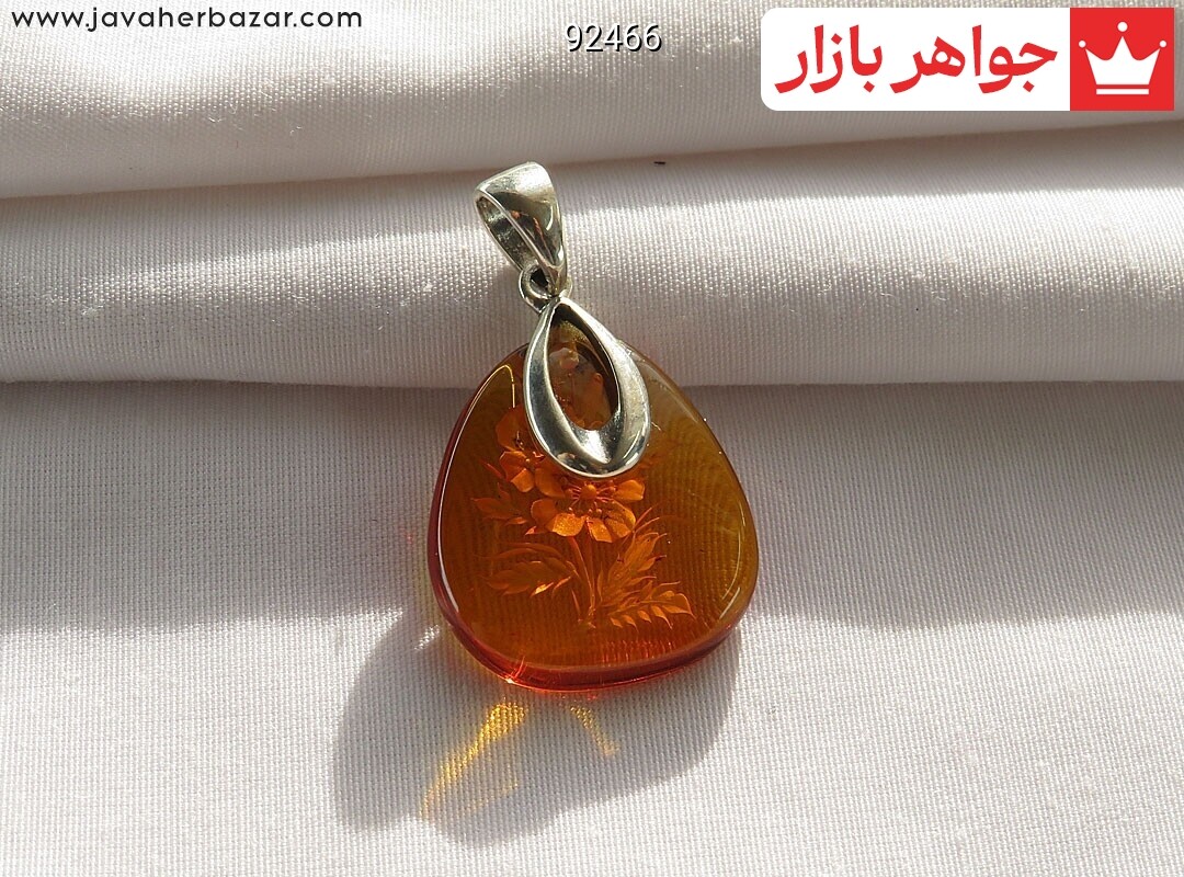 پلاک نقره کهربا بولونی لهستان کنده کاری گل