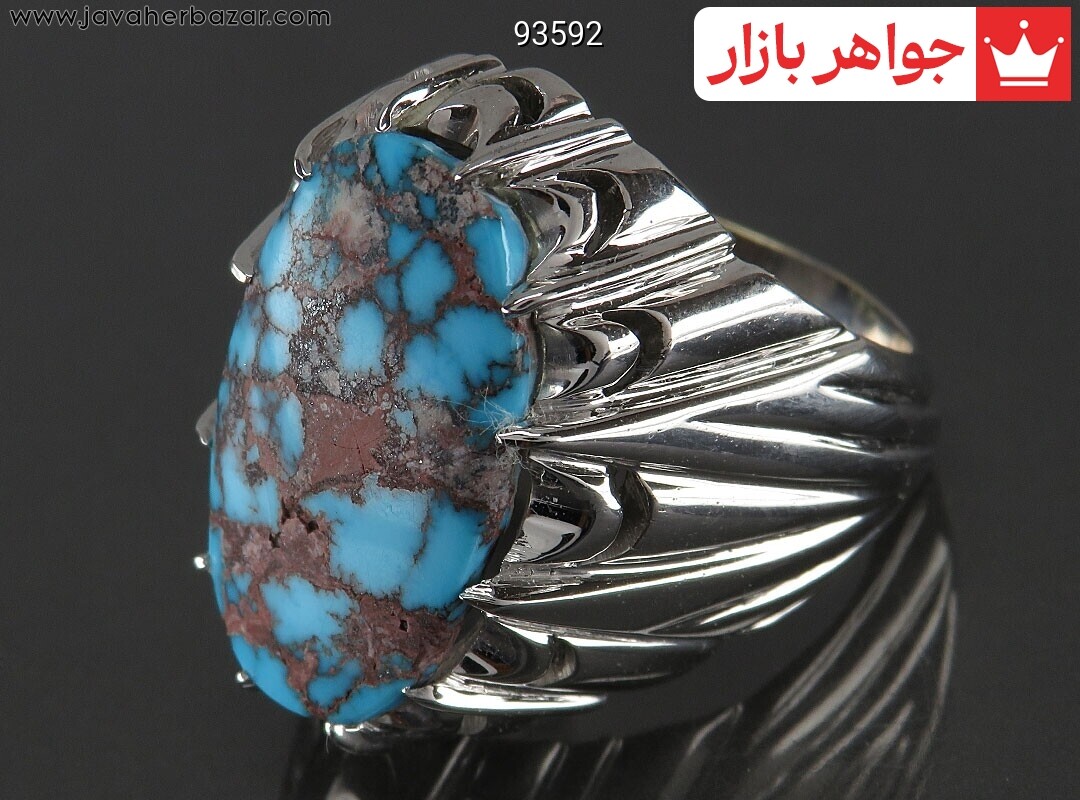 انگشتر نقره فیروزه نیشابوری شجری رکاب چنگی طرح شاهانه مردانه دست ساز