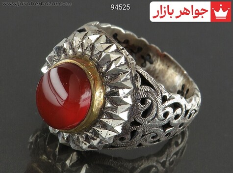 انگشتر نقره عقیق یمنی قرمز لوکس رکاب آینه کاری مردانه دست ساز