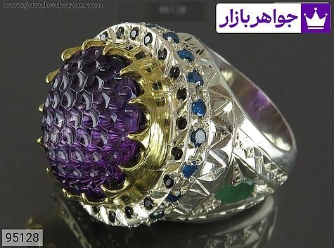 انگشتر یاقوت آفریقایی و زمرد زامبیا و آمتیست مردانه انگشتر نقره یاقوت آفریقایی و زمرد زامبیا و آمتیست کلکسیونی درشت تراش زنبوری مردانه دست ساز - 95128