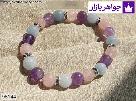 دستبند آمتیست و کوارتز و آکوامارین خوش رنگ زنانه - 95144