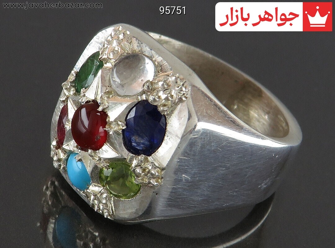 انگشتر نقره چندنگین جواهری مردانه دست ساز