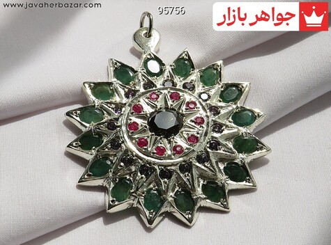 آویز نقره زمرد زامبیا و یاقوت آفریقایی توپاز سنتاتیک هفت رنگ ارزشمند دست ساز - 95756