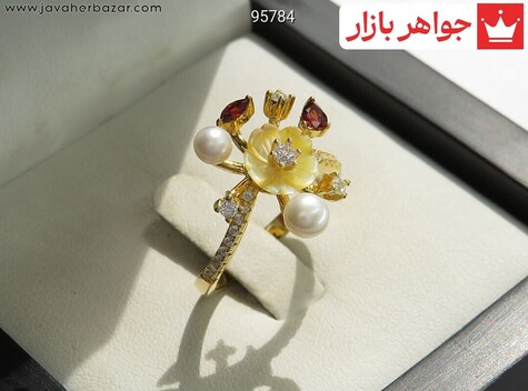 انگشتر نقره مروارید و صدف و گارنت زنانه - 95784