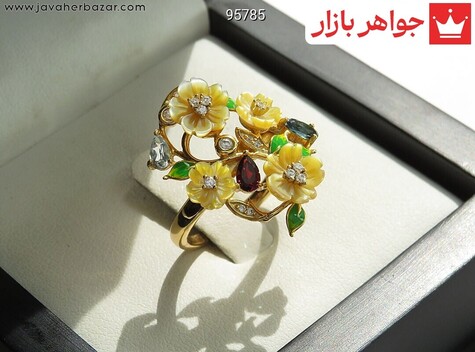انگشتر نقره توپاز و صدف و گارنت زنانه - 95785