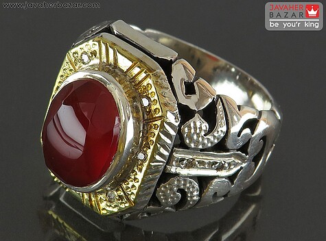 انگشتر نقره عقیق یمنی قرمز الماس تراش شیک مردانه دست ساز با برلیان اصل - 96139
