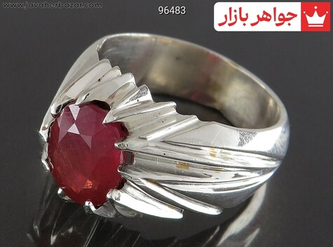 انگشتر نقره یاقوت آفریقایی قرمز الماس تراش مردانه - 96483
