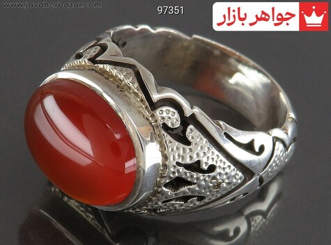 انگشتر نقره عقیق یمنی نارنجی باشکوه مردانه دست ساز با برلیان اصل