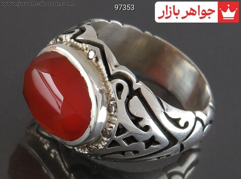 انگشتر نقره عقیق یمنی نارنجی سرخ الماس تراش مردانه دست ساز با برلیان اصل - 97353