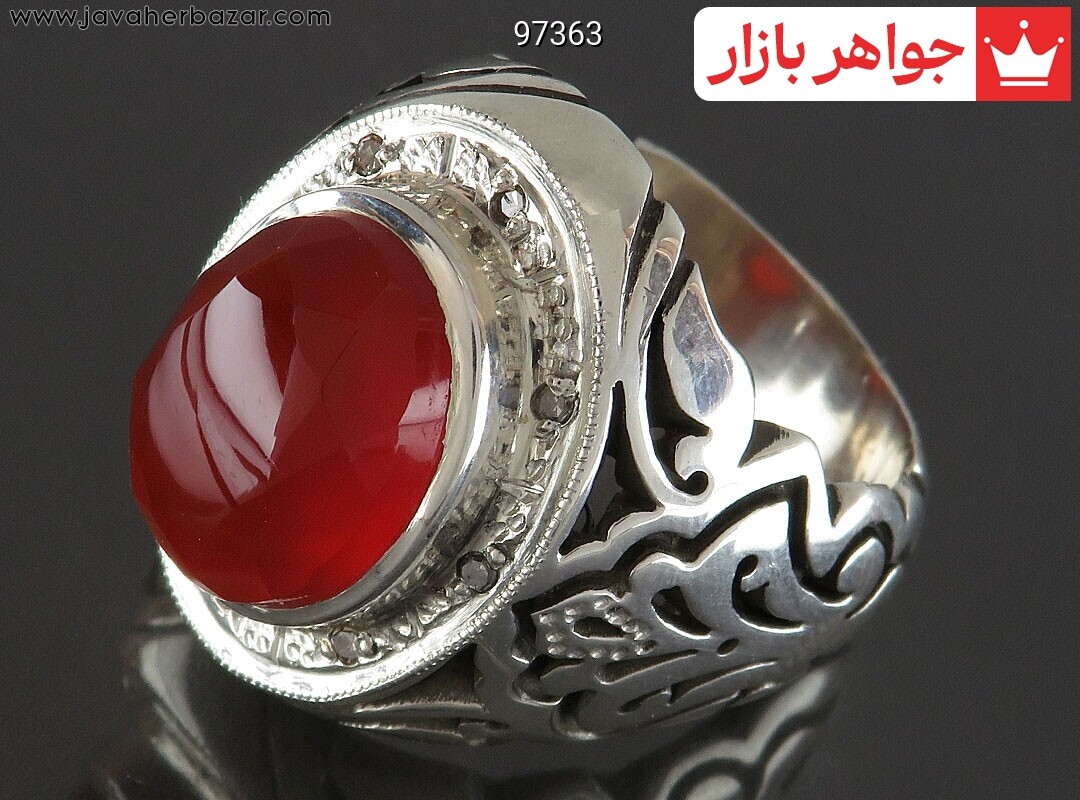 انگشتر نقره عقیق یمنی قرمز الماس تراش لوکس مردانه دست ساز با برلیان اصل
