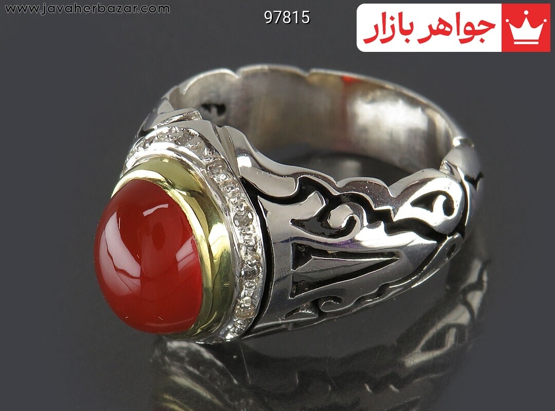انگشتر نقره عقیق یمنی قرمز کم نظیر مردانه دست ساز با برلیان اصل