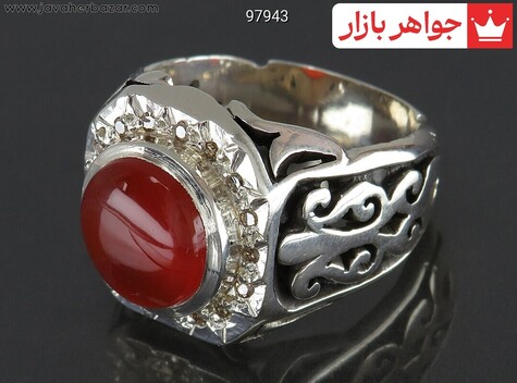 انگشتر نقره عقیق یمنی قرمز شیک مردانه دست ساز با برلیان اصل - 97943