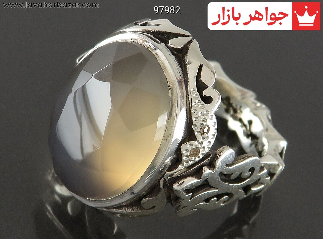 انگشتر نقره عقیق یمنی الماس تراش فاخر مردانه دست ساز با برلیان اصل