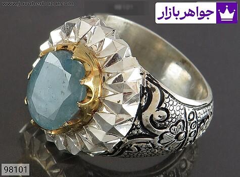 انگشتر نقره زمرد معدنی فاخر مردانه دست ساز تاج برنجی - 98101