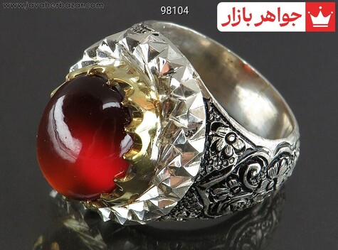انگشتر نقره گارنت دامله فاخر مردانه دست ساز تاج برنجی - 98104