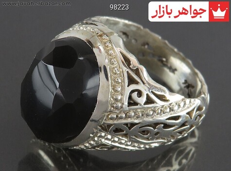انگشتر نقره عقیق یمنی سیاه الماس تراش مردانه دست ساز