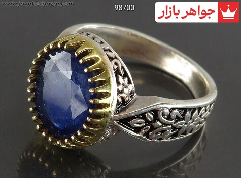 انگشتر نقره یاقوت کبود تاج برنجی مردانه - 98700