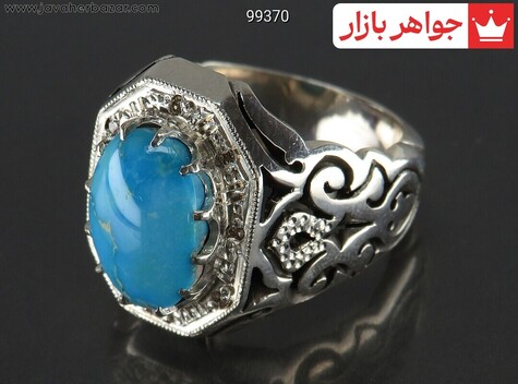 انگشتر نقره فیروزه نیشابوری دور چنگ مردانه دست ساز با برلیان اصل - 99370