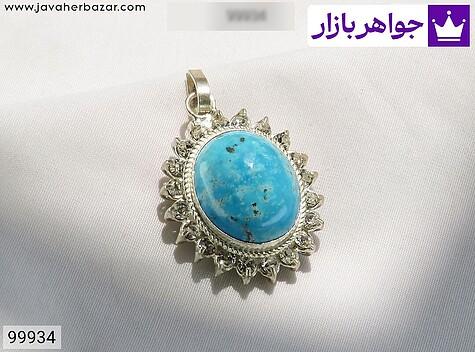 گردنبند فیروزه کرمانی آبی مدال نقره فیروزه کرمانی طرح سارا زنانه - 99934